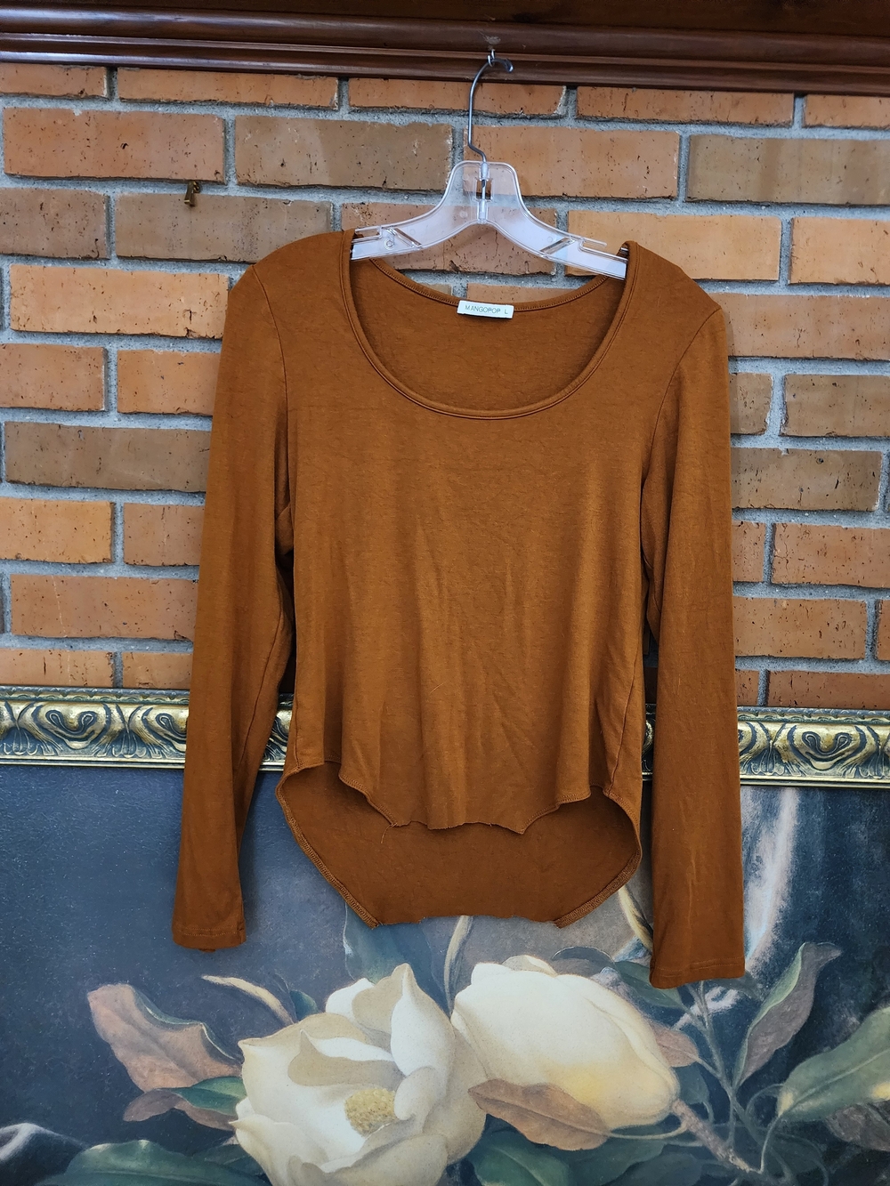 Mango Long-Sleeve Scoop Neck Top - Rust Brown